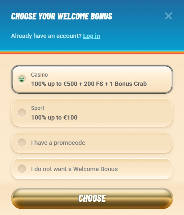 Vegasino Casino registration bonus section 