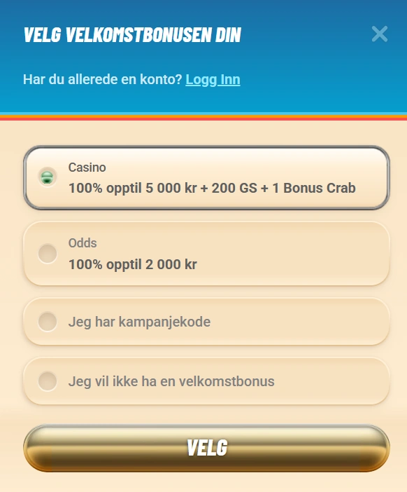 Vegasino Casino registreringsbonusseksjon