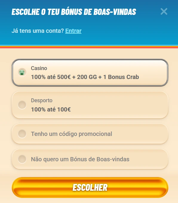 Secção de registo do Vegasino Casino