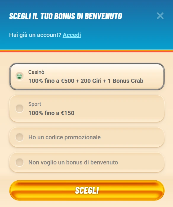 Sezione bonus di registrazione di Vegasino Casino