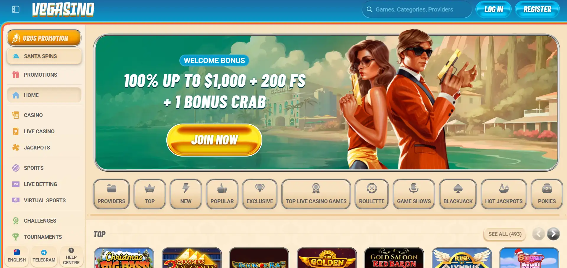 Vegasino Casino menu section