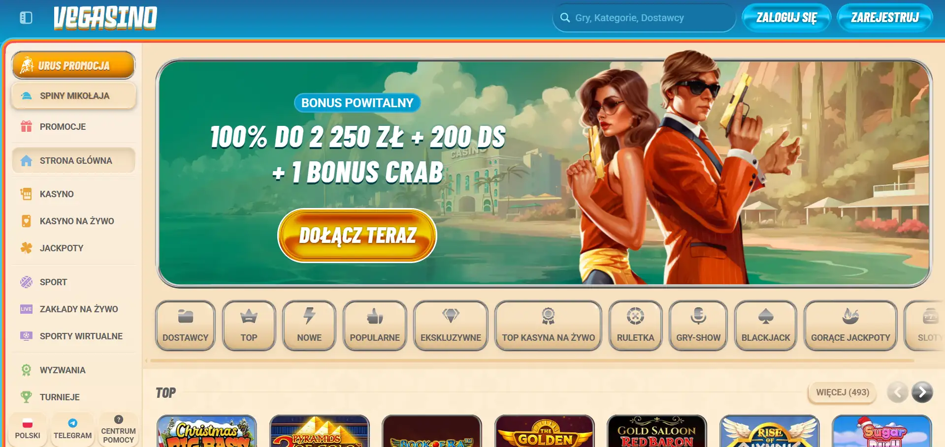 Sekcja menu Vegasino Casino 