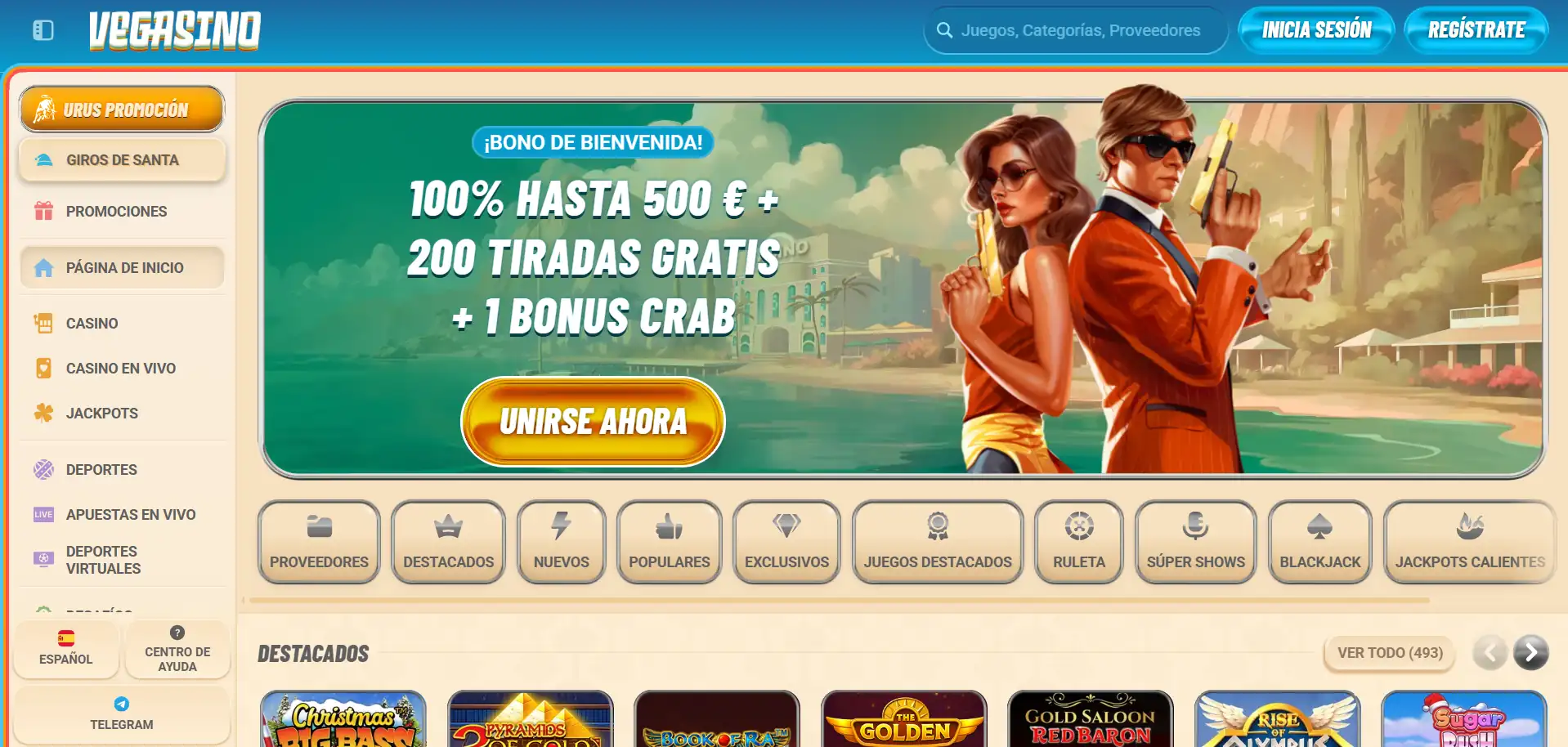 Sección del menú de Vegasino Casino 