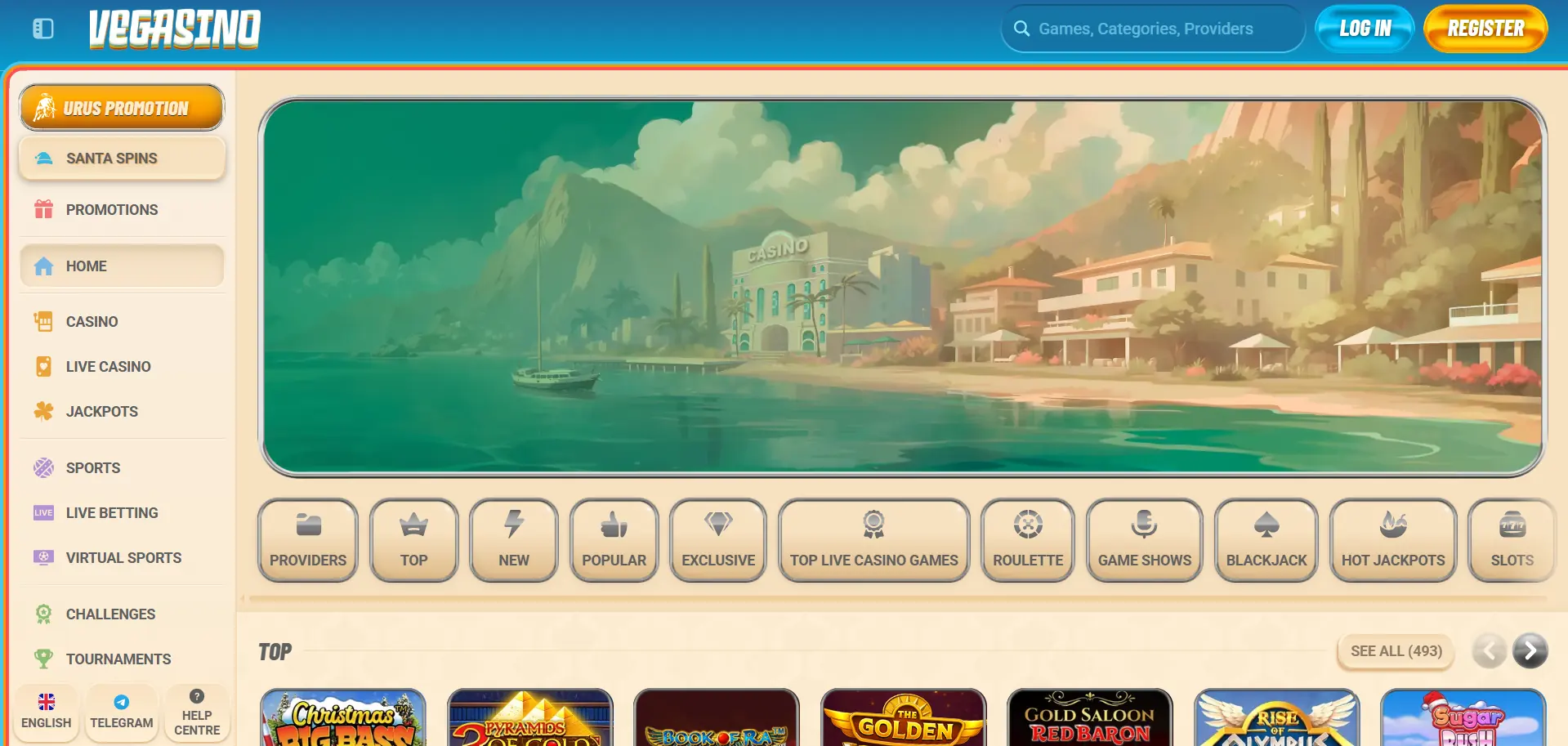 Vegasino Casino ενότητα μενού 