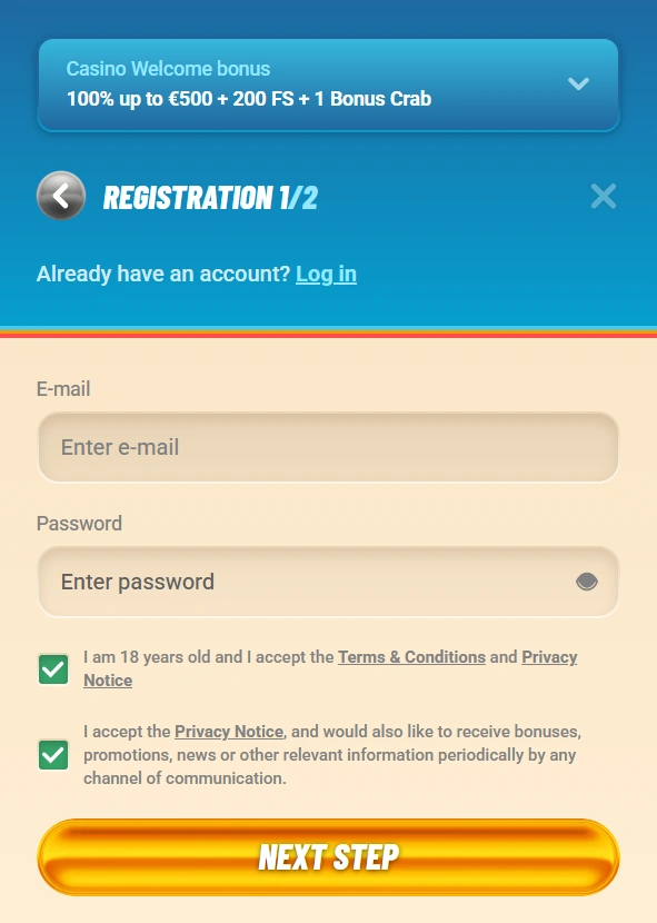 Vegasino Casino registration section 