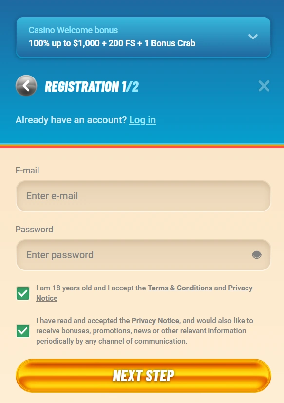 Vegasino Casino registration section