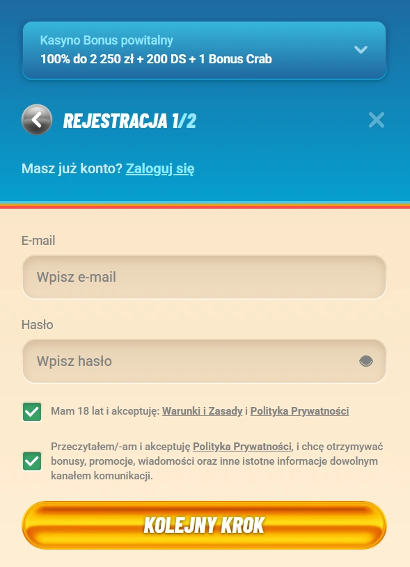 Sekcja rejestracji Vegasino Casino