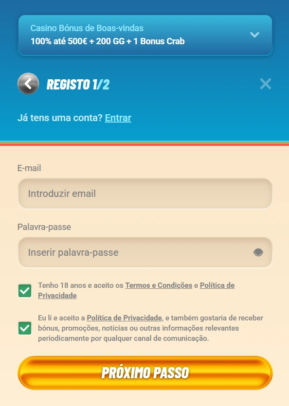 Secção de registo do Vegasino Casino