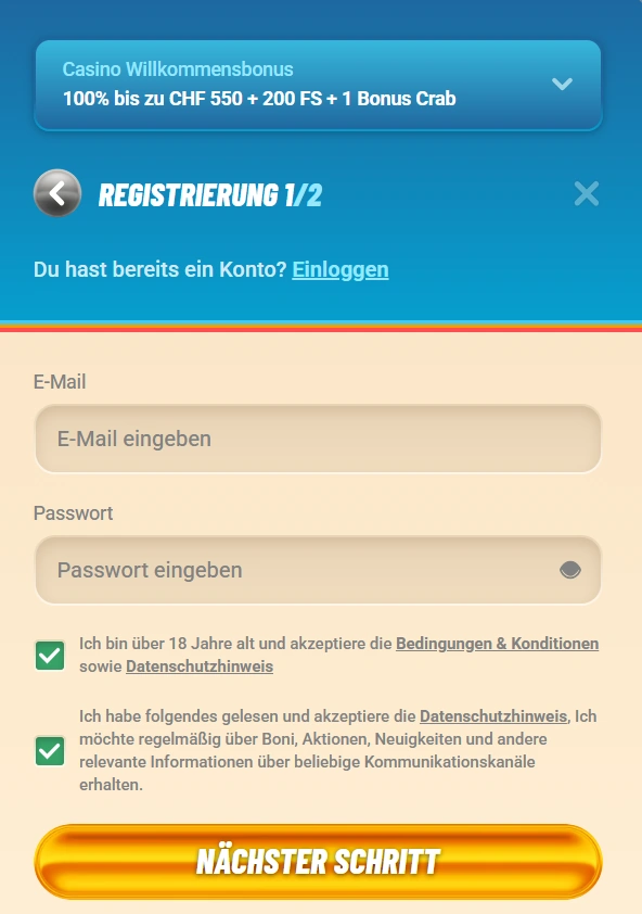 Vegasino Casino Registrierungsbereich  
