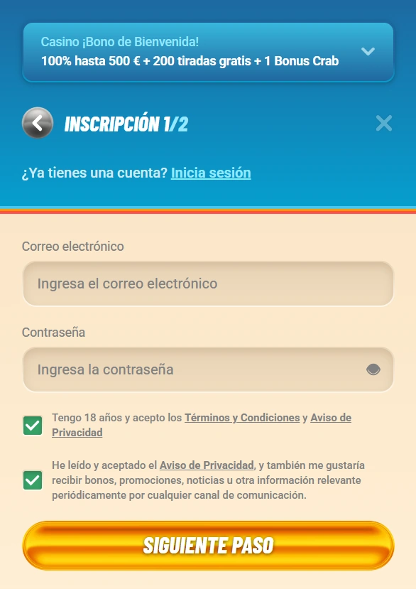 Sección de registro de Vegasino Casino