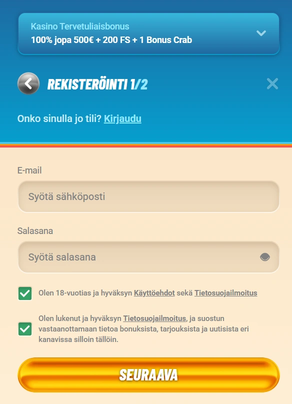 Vegasino Casino -rekisteröityminen