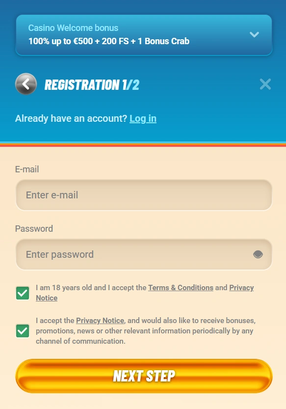 Vegasino Casino ενότητα εγγραφής